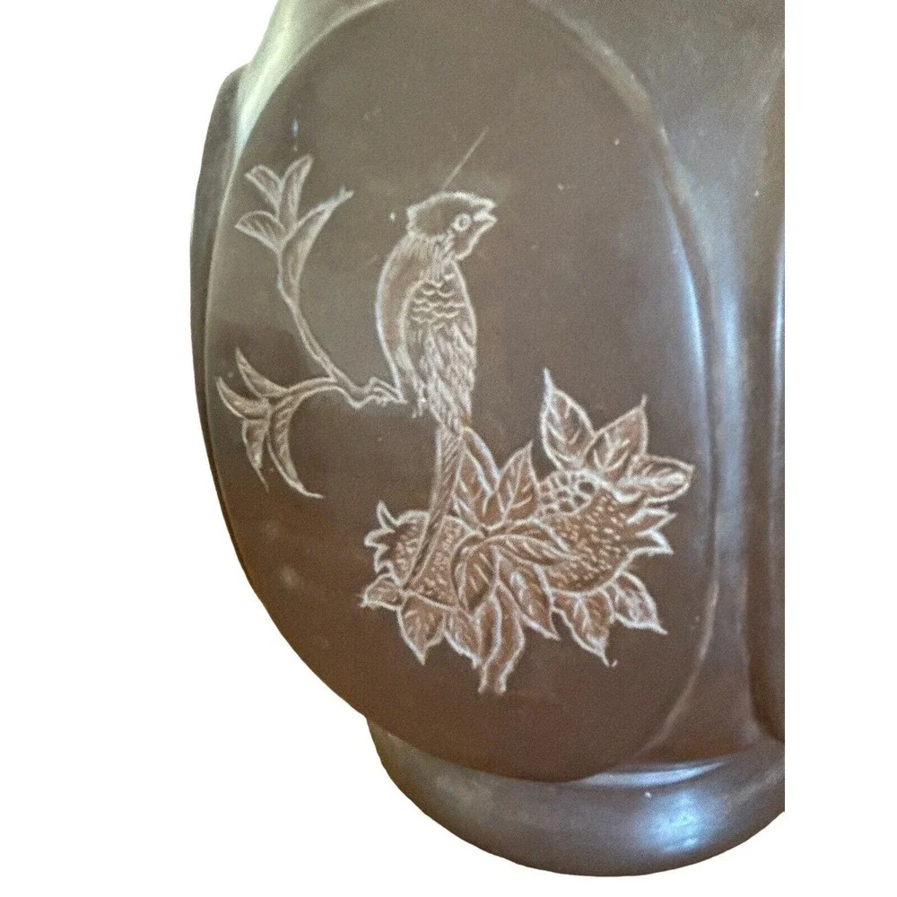 Signed Antique Chinese Asian Bronze Vase Urn Etched Birds Flower 10.5” X 7”